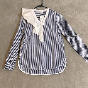 NWT Harshman Blouse L/S Women’s Sz XS  Vivienne Striped Ruffle-Trim Navy & White